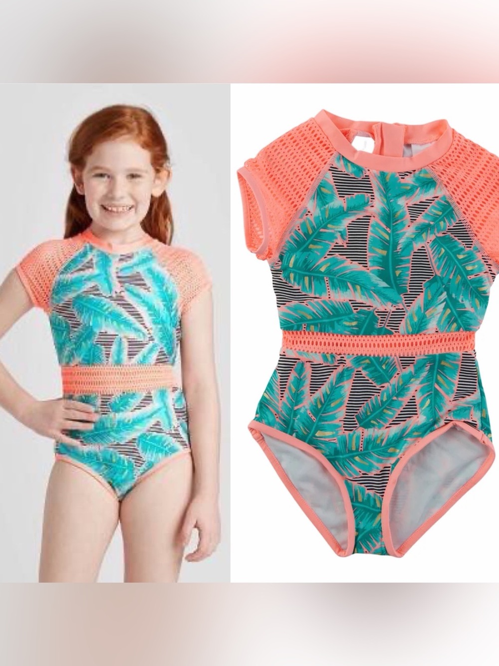 art class Girls Coral and Teal Tropical One-Piece Swimsuit rash guard - 10/12